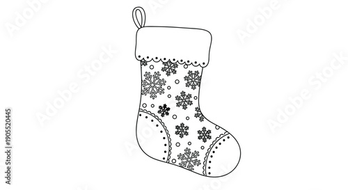 Black and white line art illustration of a Christmas stocking decorated with snowflake patterns and a loop for hanging.