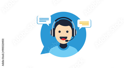 Professional customer service agent icon featuring a man with a headset inside a blue speech bubble with communication symbols.