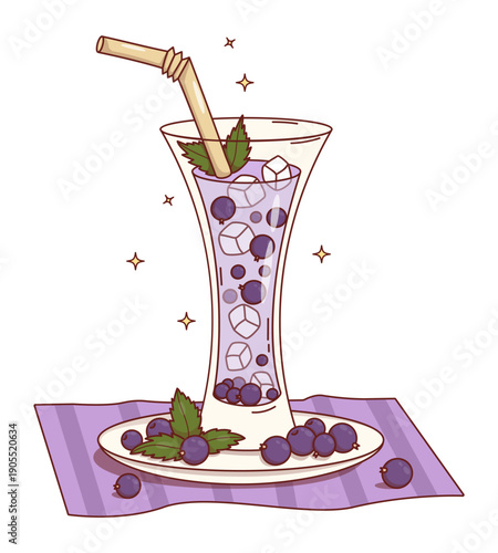 Purple Blackcurrant Drink with Ice Cubes, Berries and Mint Leaves. Seasonal Refreshing Cocktail in glass and straw on Saucer and Striped Napkin. Vector Illustration.