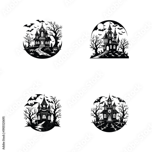 Spooky Haunted Village Silhouette Dark Horror Illustration