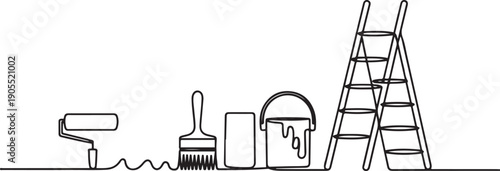 Continuous one line drawing of wall painter tool brush roller bucket tools set paint redecoration equipment decoration workers.one line vector icon illustration