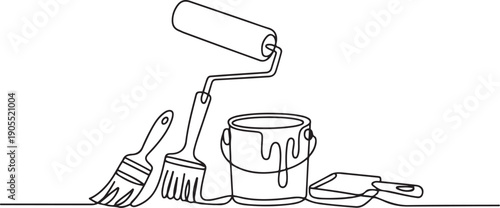 Continuous one line drawing of wall painter tool brush roller bucket tools set paint redecoration equipment decoration workers.one line vector icon illustration