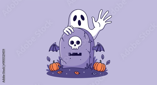A ghost playfully waves behind a purple tombstone with a skull, surrounded by pumpkins and bats on a light purple background.