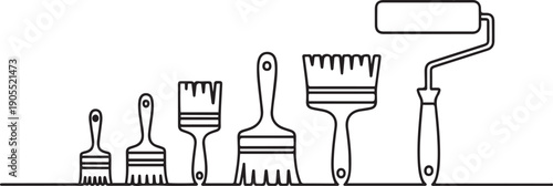 Set of six brushes. Brushes of various sizes for repairing and painting walls and ceilings, as well as large minimal concept.one line vector icon illustration