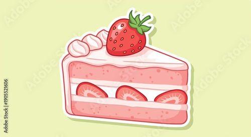 Digital illustration of a slice of pink strawberry shortcake with white frosting and a whole strawberry on top against a pale yellow background.