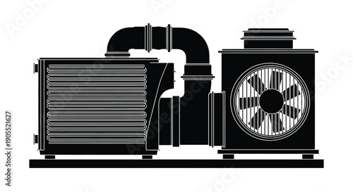 A stark black silhouette depicts an industrial generator with a cooling system conveying power and utility silhouette high quality professional detailed modern