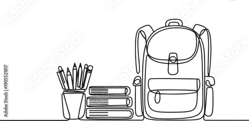 school set consisting of a backpack school stack of books and pencils in an organizer drawn.one line vector icon illustration