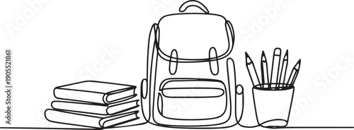 school set consisting of a backpack school stack of books and pencils in an organizer drawn.one line vector icon illustration