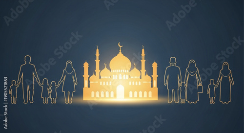 Family Silhouette Standing Before Glowing Mosque Illustration.