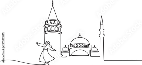 One line style Galata Tower,sufi dancer and masjid or mosque.one line vector icon illustration