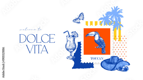 Hand drawn sketch tropical poster. Dolce vita summer vibe. Vintage summer Italy Mediterranean coastal vacation banner. Vector illustration