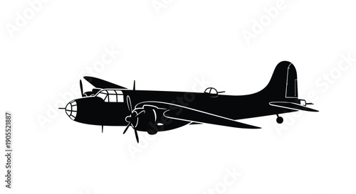 A stark black silhouette depicts a vintage world war two bomber aircraft in profile silhouette high quality professional detailed modern elegant stylish