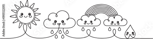 Continuous one line drawing of Cute weather phenomena concept.one line vector icon illustration