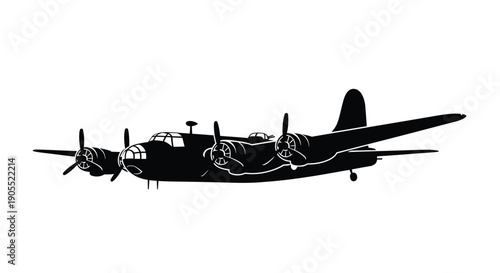 A striking black profile view of a vintage bomber aircraft sharply defined as a silhouette high quality professional detailed modern elegant stylish