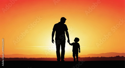 Father and son walking hand in hand during sunset silhouette.