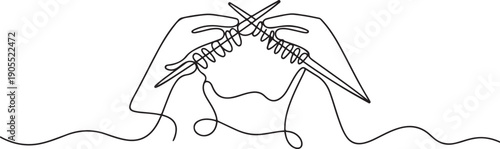 Continuous one line knitting hands. Knitting threads, needles and yarn for handmade textiles, DIY hobby and craft classes designs.one line vector icon illustration