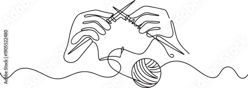 Continuous one line knitting hands. Knitting threads, needles and yarn for handmade textiles, DIY hobby and craft classes designs.one line vector icon illustration