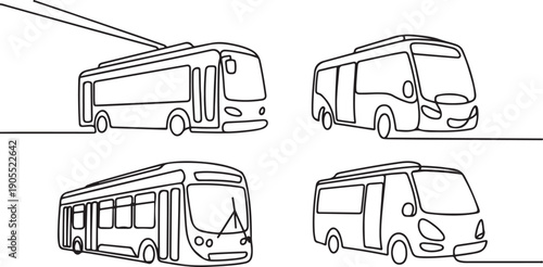 Public transport continuous line drawing set. One line art of trolleybus, shuttle bus, tram, minibus.one line vector icon illustration
