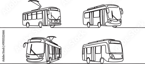 Public transport continuous line drawing set. One line art of trolleybus, shuttle bus, tram, minibus.one line vector icon illustration