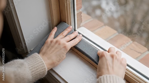 Close up video of hands installing weatherproof window frame material.