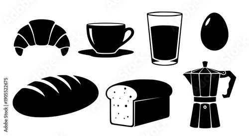 A Minimalist Vector Collection Of Breakfast Essentials Featuring Fresh Bakery Breads Hot Coffee And Healthy Eggs.