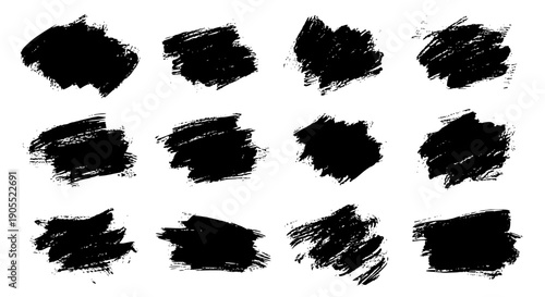 A Versatile Collection Of Hand Drawn Black Ink Brush Strokes And Textured Artistic Paint Smudge Elements.