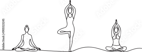 Yoga set, women's fitness yoga concept vector health illustration continuous line drawing.one line vector icon illustration