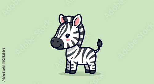 A cartoon zebra standing on a light green background with a cheerful expression and colorful details.