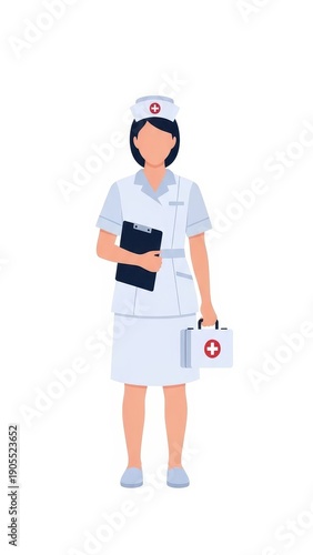 Female Nurse Holding Clipboard and First Aid Kit.