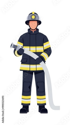 Firefighter in uniform holding fire hose.