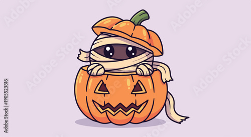 Cartoon mummy character peeking out of a jack-o-lantern on a light purple background with Halloween decorations.
