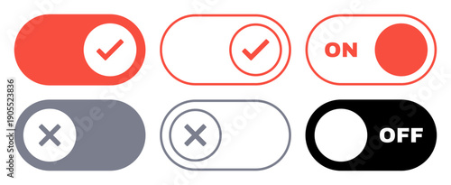 Vector set of red and gray toggle switches in filled and outlined styles with check and cross icons, including ON and OFF text versions.
