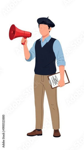 Illustration of Man Holding Megaphone and Clipboard.