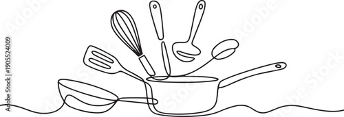 Minimalistic cooking equipment continued lines, chefs utensil and culinary gear.one line vector icon illustration