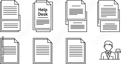Help Desk Icon Set Featuring Document Paper Sheets Information Guides Customer Support Representative and Professional Office Administrative Paperwork Management Linear Vector Illustration Collection