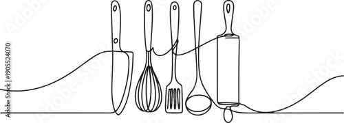 Minimalistic cooking equipment continued lines, chefs utensil and culinary gear.one line vector icon illustration