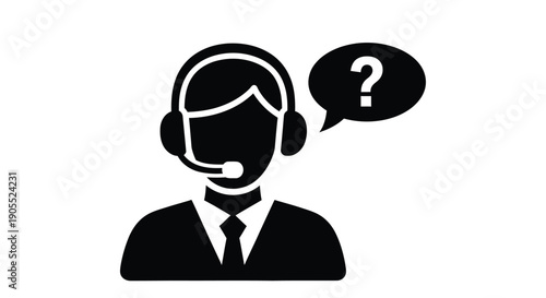 Customer support representative with a headset and a question mark bubble