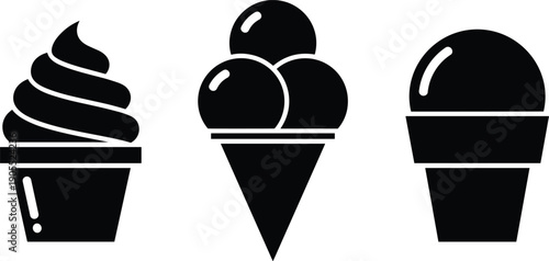 Ice Cream Icon Set Featuring Various Dessert Designs Including Soft Serve Scoops and Sundae Cups for Summer Snacks Food Branding and Sweet Treats