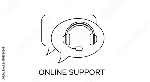 Simple line drawing of a speech bubble with headphones indicating online support