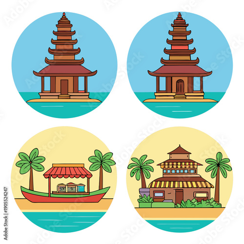 Temples floating markets beaches in-a white background.