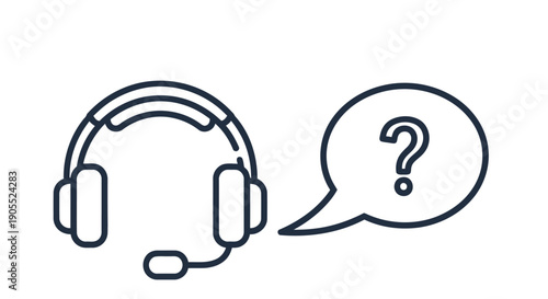 Headset with a question mark in a speech bubble simple line art icon