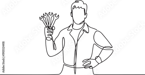 Continuous line drawing of young male mechanic pose holding set of wrench.one line vector icon illustration