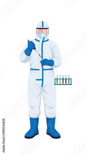 Scientist in Hazmat Suit Holding Test Tubes.