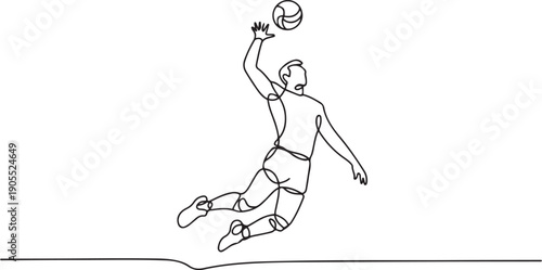 Single one line drawing male volleyball player in motion hitting ball with jump spike on court arena during game play.one line vector icon illustration