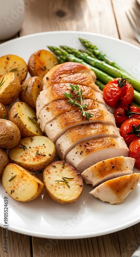 Wallpaper Mural Sliced roasted poultry breast served with seasoned potatoes, asparagus spears, and cherry tomatoes Torontodigital.ca