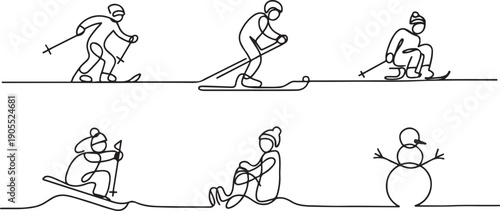 Single one line drawing winter activities and sport set.one line vector icon illustration