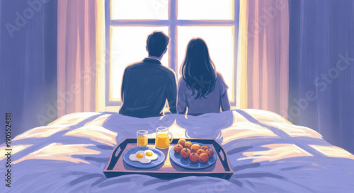Illustrated couple sitting in bed by the window, enjoying eggs, orange juice, and fresh apples on a tray, Fancy breakfast in tray on bed