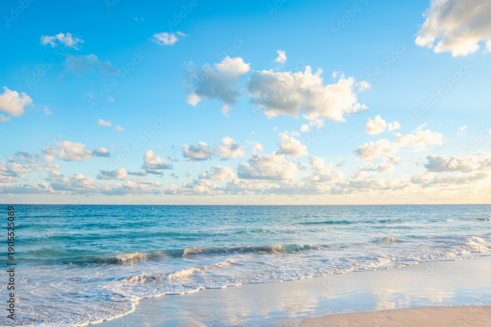 Fototapeta premium Serene ocean waves gently lapping the sandy beach.
