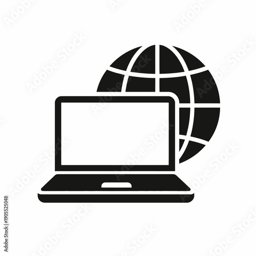 Modern laptop with blank screen and globe in the background