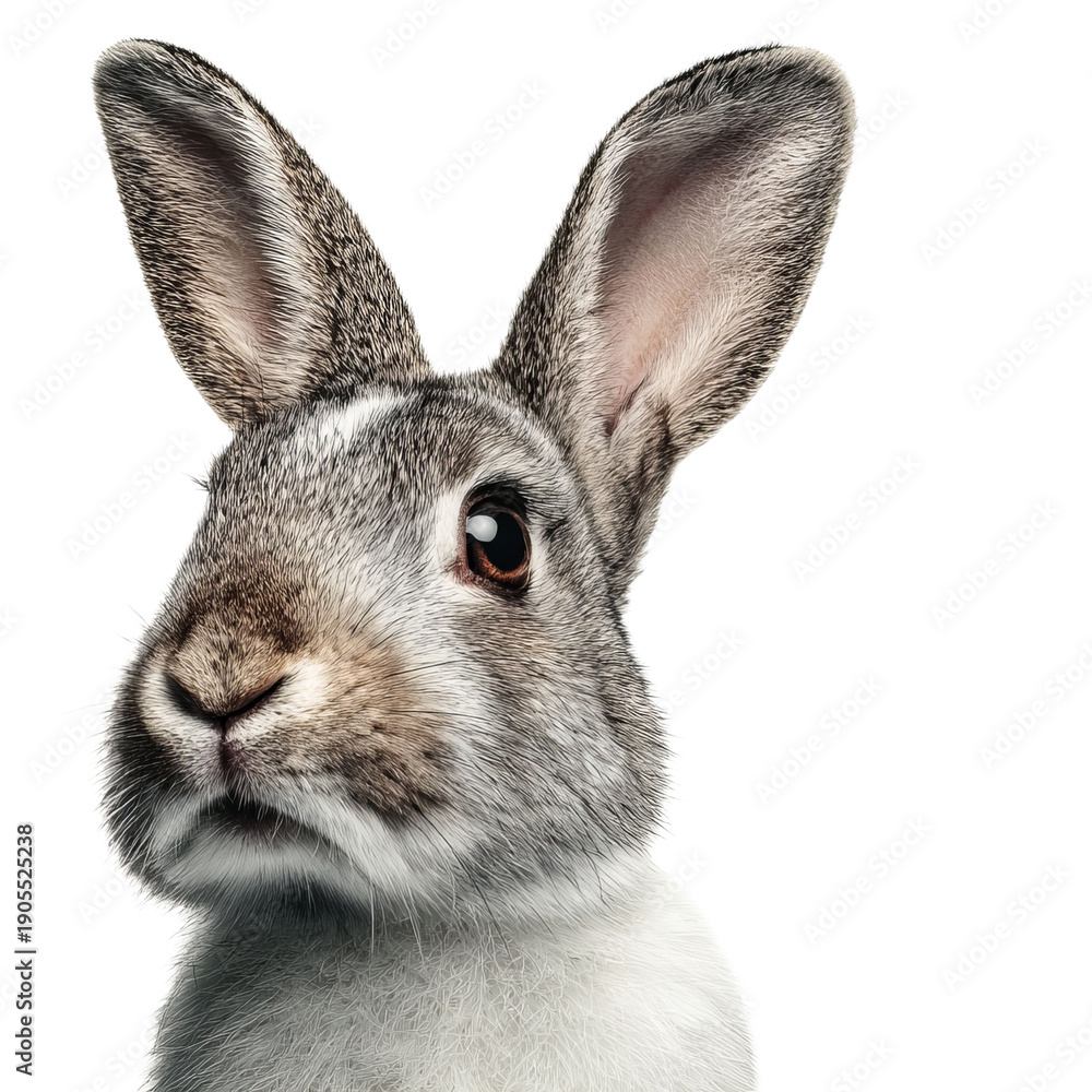 Fototapeta premium PNG of A close-up portrait of a cute gray rabbit with expressive eyes and soft fur.